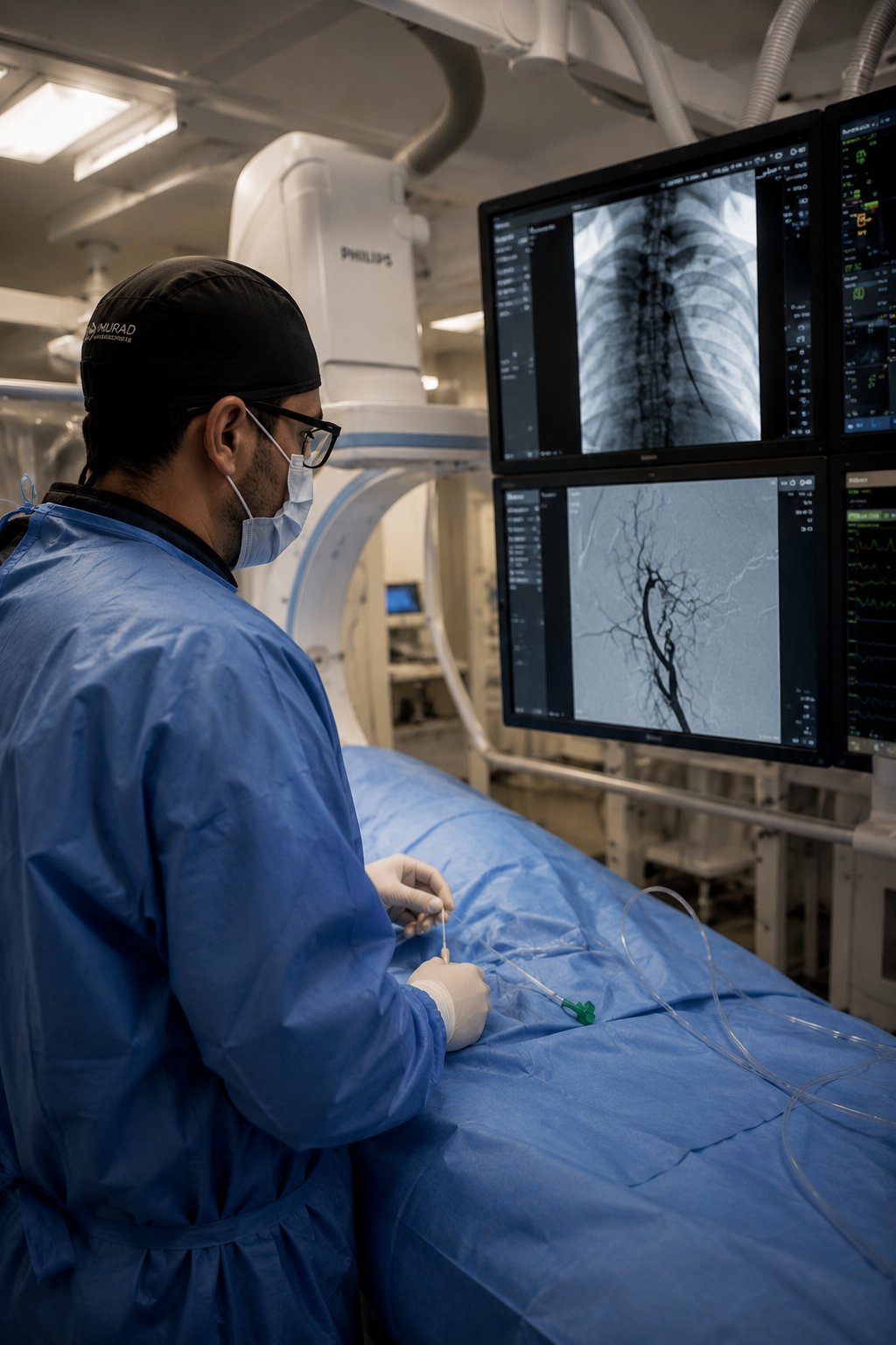 Procedimento de radiologia intervencionista na sala de angiografia
